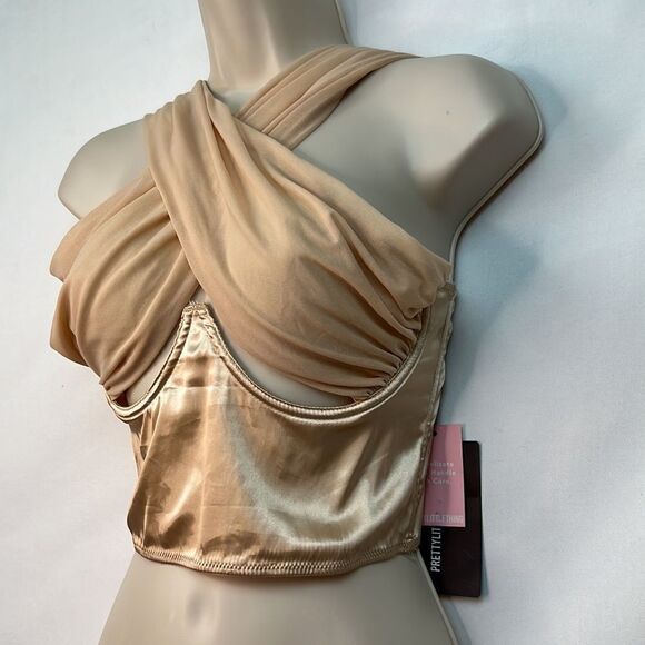 Pretty Little Things Nude Underbust Halterneck Chiffon strap crop top size 6 NWT - Picture 5 of 14
